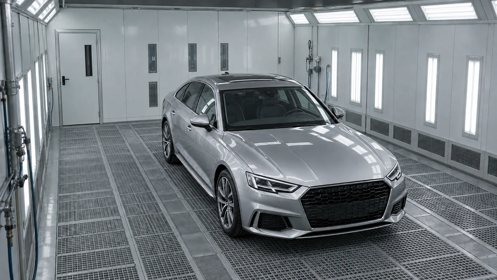 Illustration of a vehicle drying in a closed booth with nobody inside.