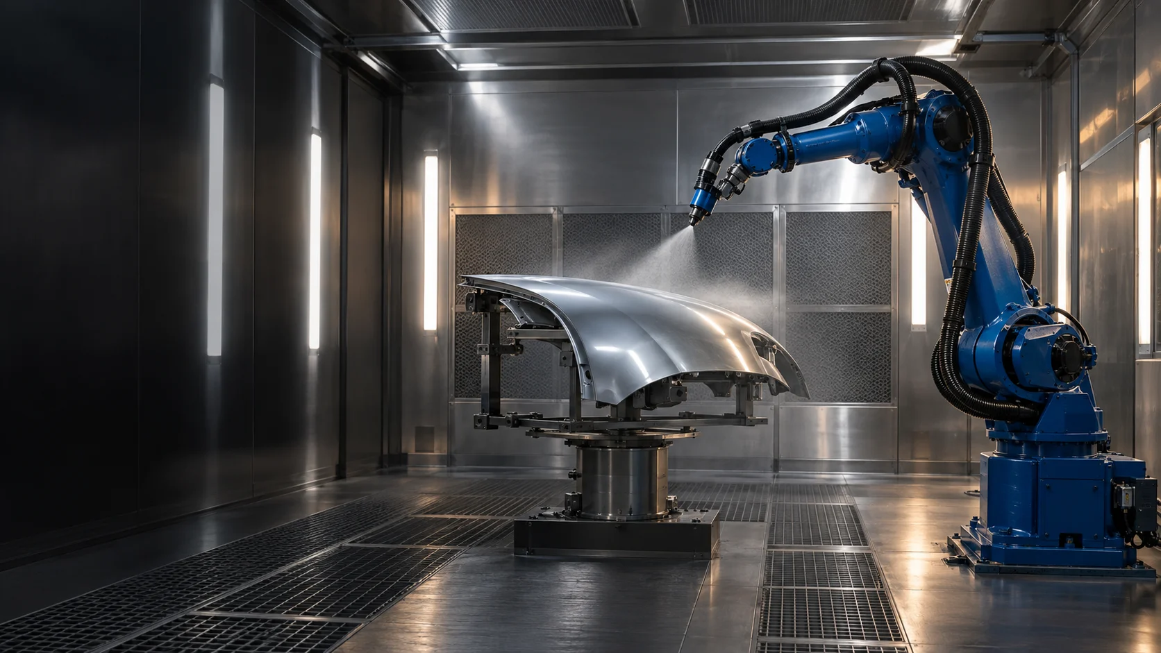 Concept rendering of a blue painting robot spraying a metal component inside a paint booth