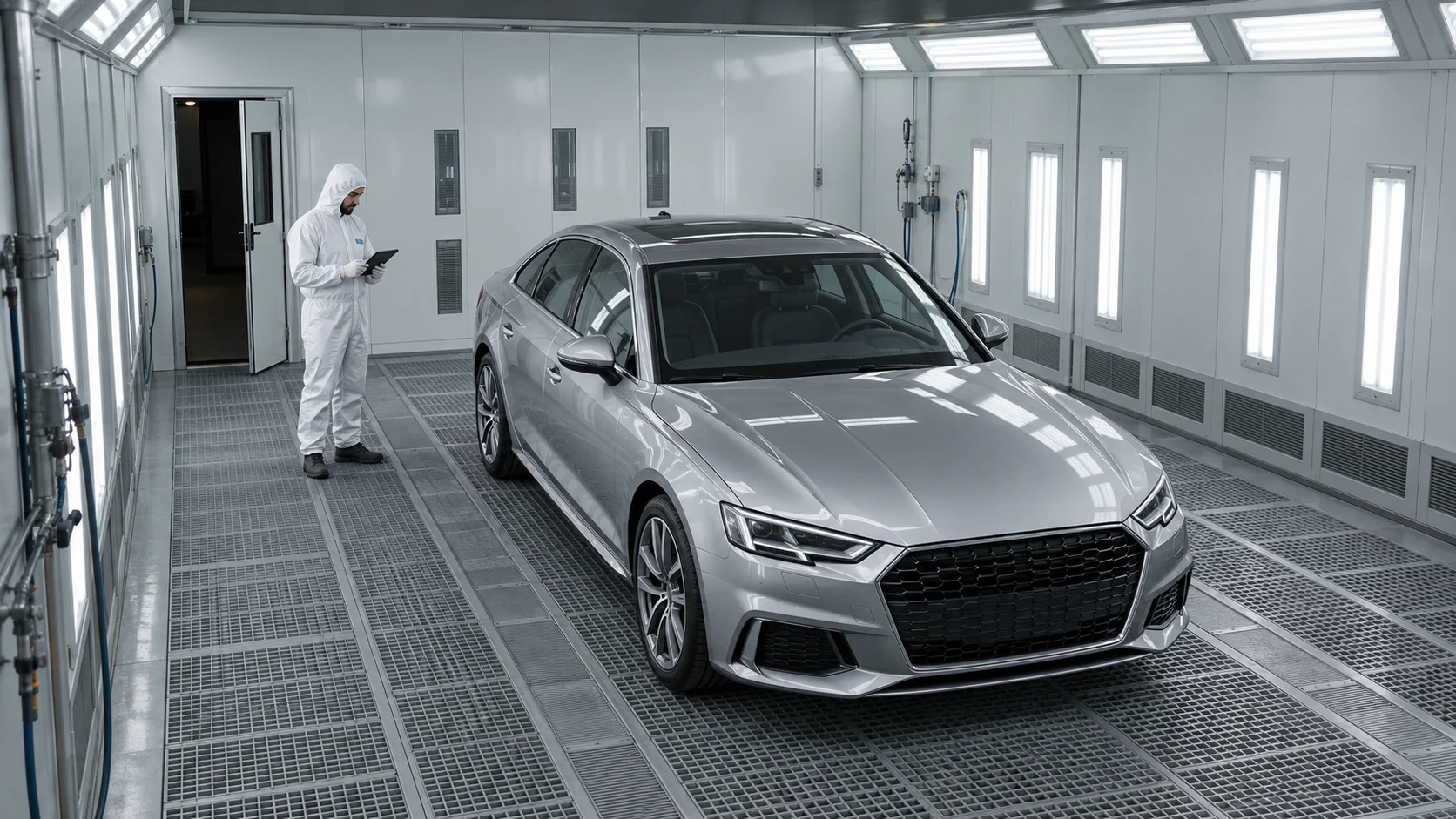 Illustration of a paint booth with a vehicle, technician and open service door.